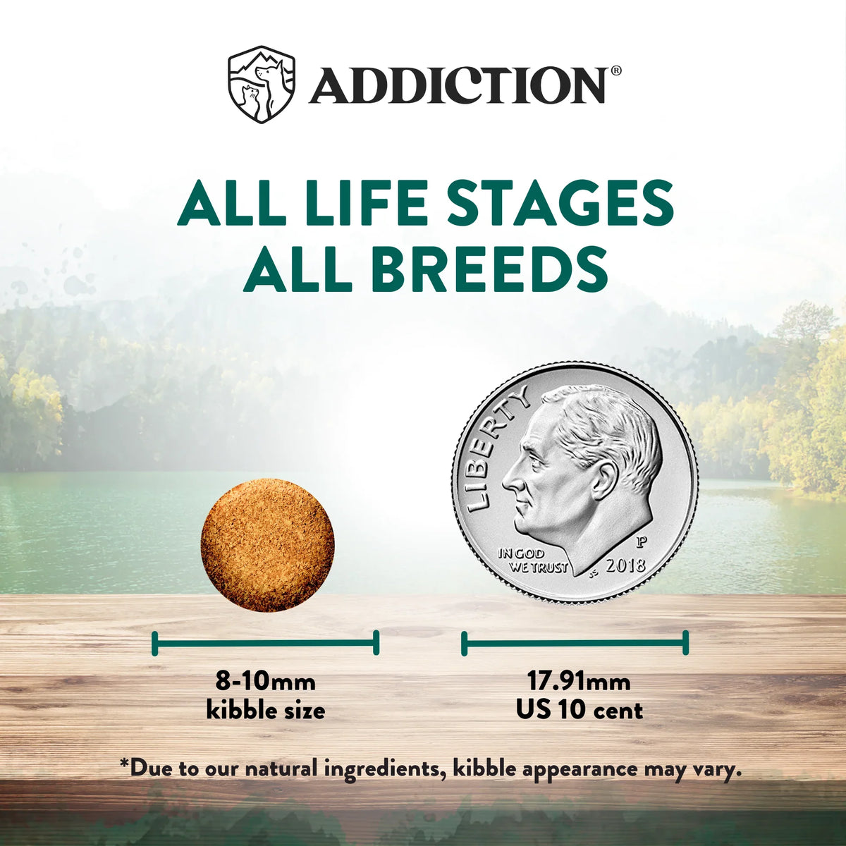 Wild Islands dry cat food info panel: all life stages, all breeds kibble sizes shown