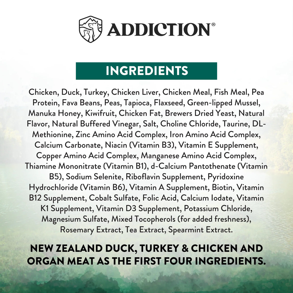 Wild Islands dry cat food ingredients panel with chicken, duck, turkey listed first