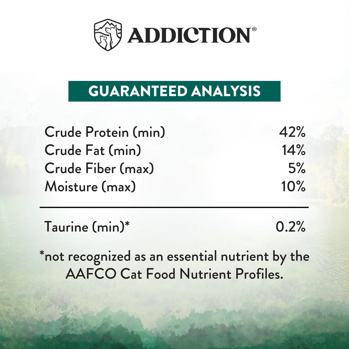 Wild Islands dry cat food guaranteed analysis panel: protein 42%, fat 14%, fiber 5%