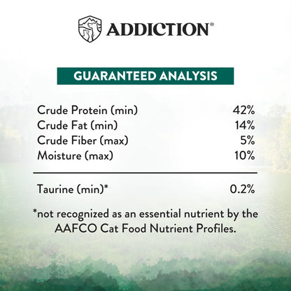 Wild Islands dry cat food guaranteed analysis panel: protein 42%, fat 14%, fiber 5%
