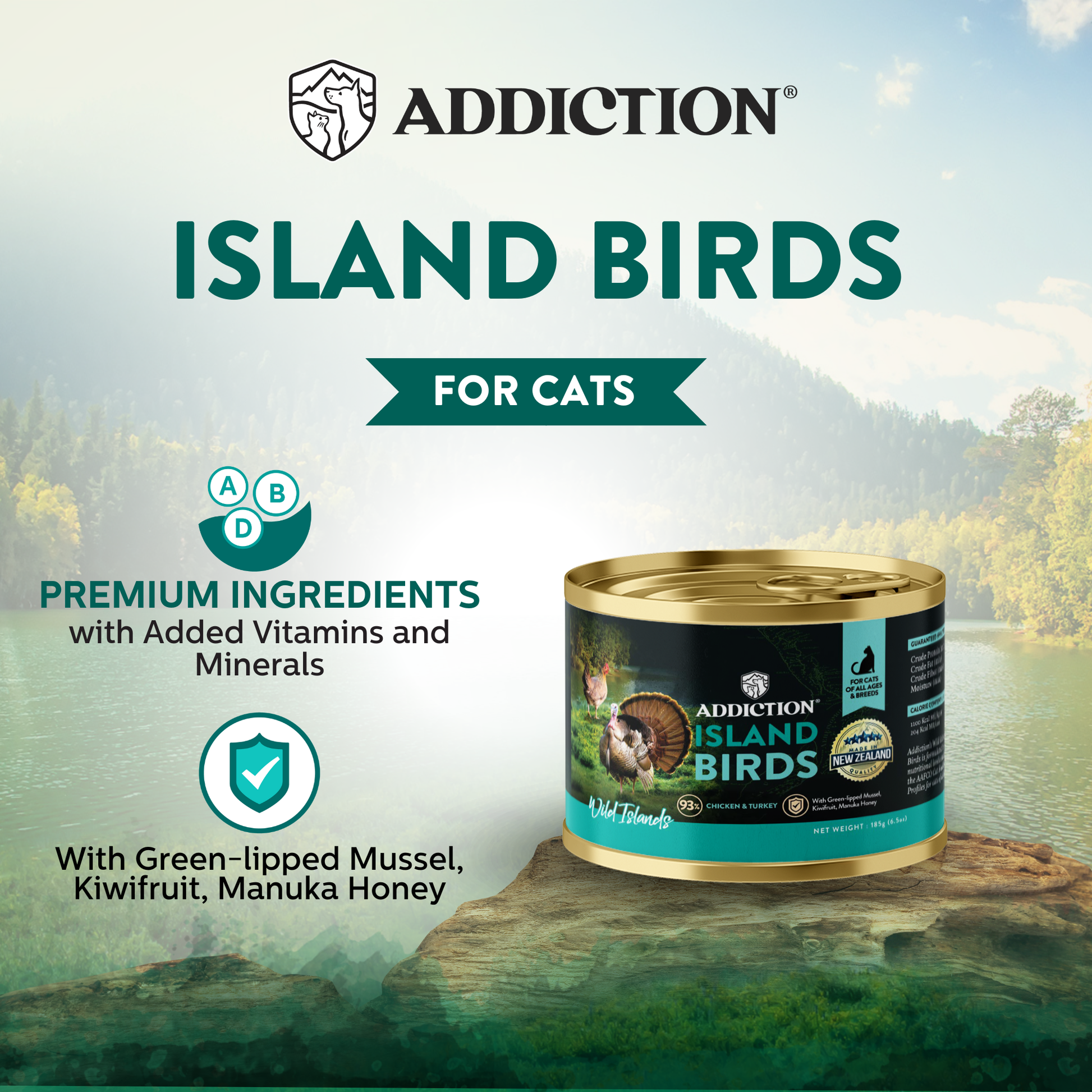 ADDlCTION canned cat food, Island Birds flavor can for cats with gold lid