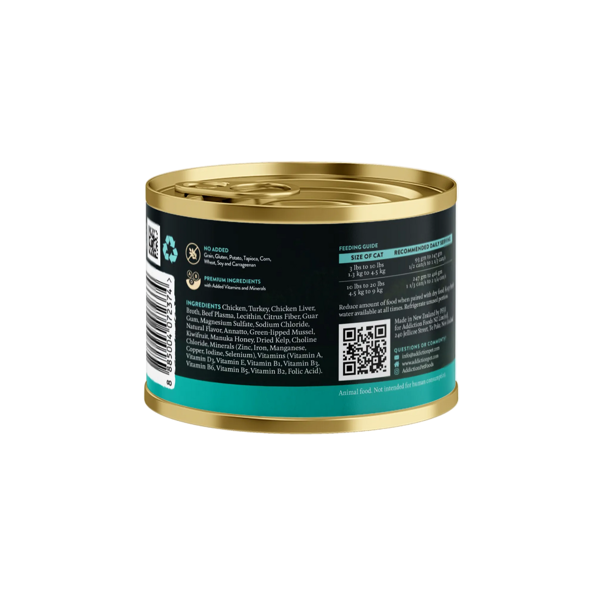 Addiction Wild Islands Island Birds grain-free cat food can, back label with ingredients