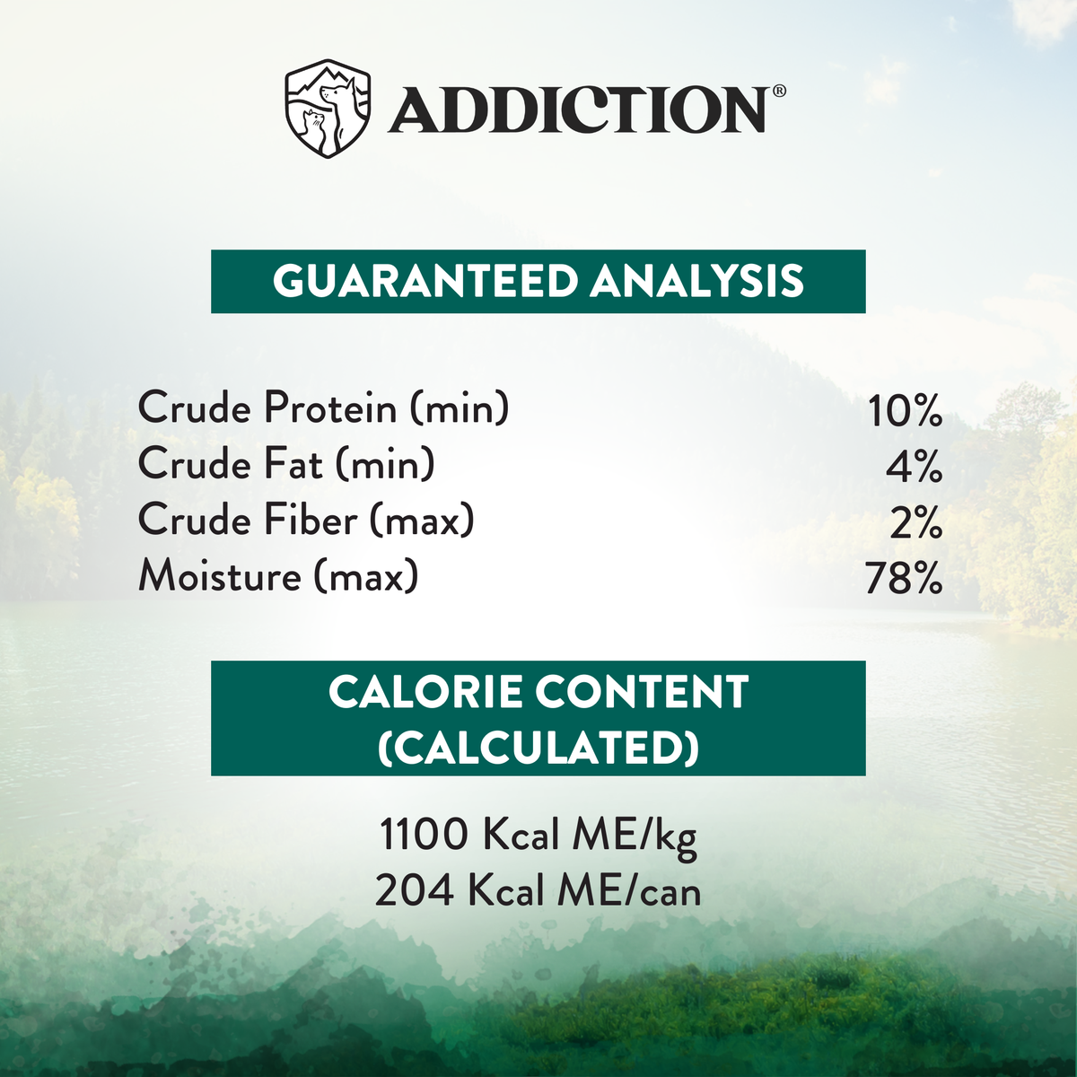 Addiction Island Birds guaranteed analysis label: protein, fat, fiber, moisture, calories