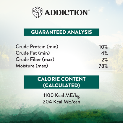 Addiction Island Birds guaranteed analysis label: protein, fat, fiber, moisture, calories