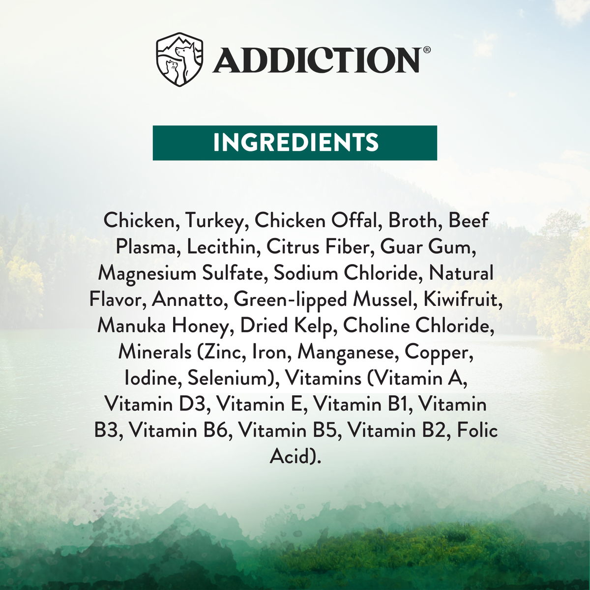 Addiction Island Birds ingredients label listing chicken, turkey, vitamins, minerals