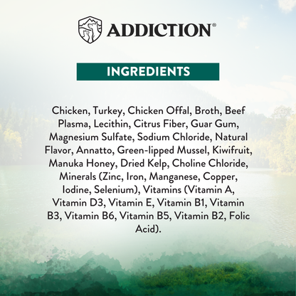 Addiction Island Birds ingredients label listing chicken, turkey, vitamins, minerals