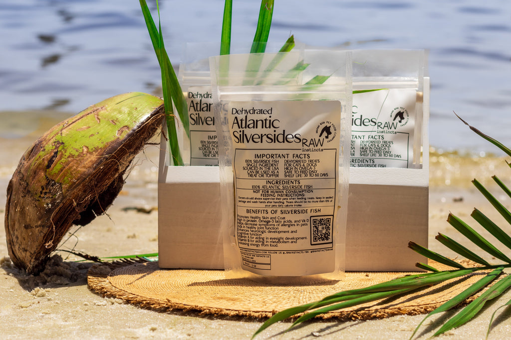 Dehydrated Atlantic silverside treat pouches with dried fish and green stems on sand
