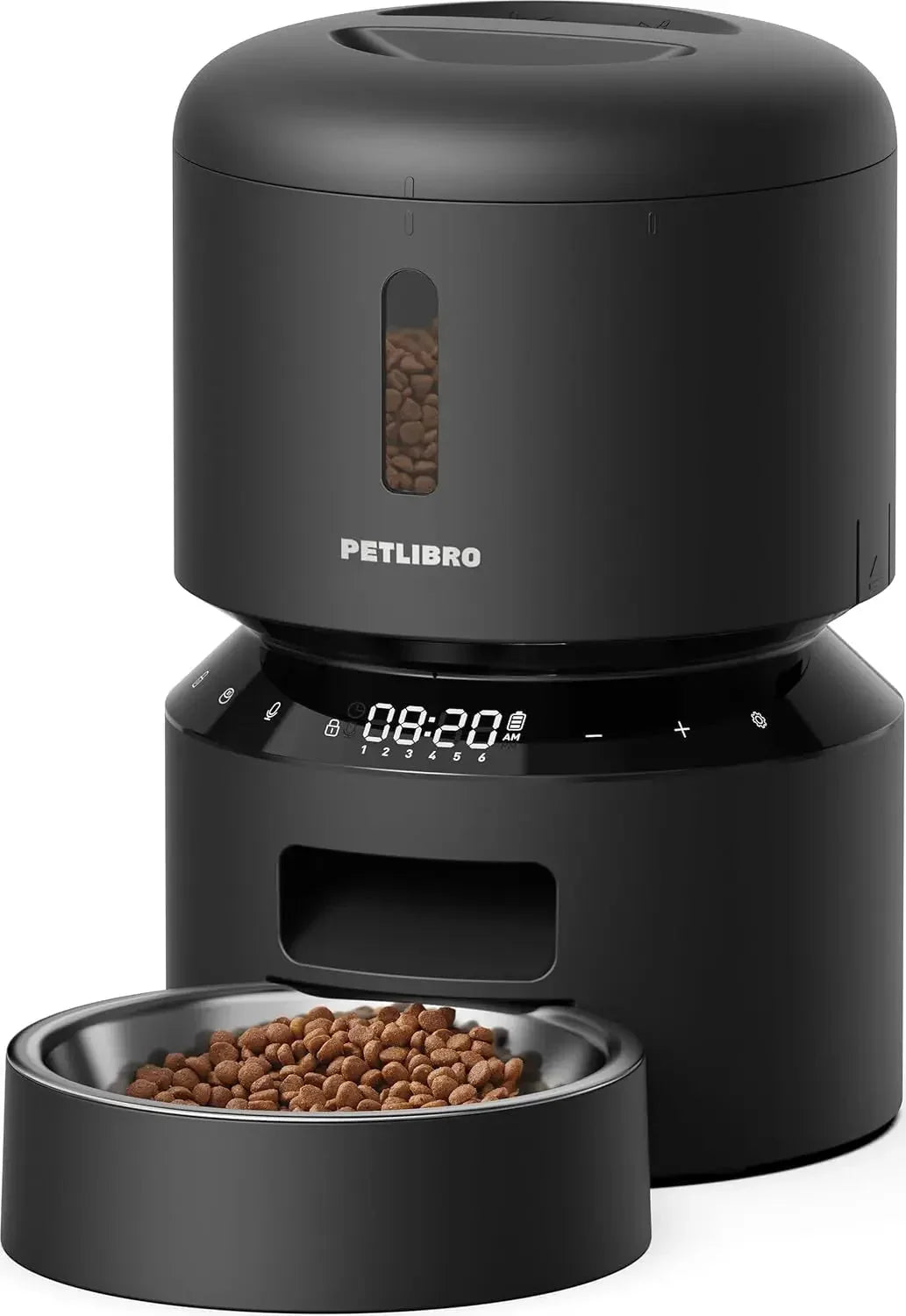 Black automatic pet feeder with kibble window and top-mounted display