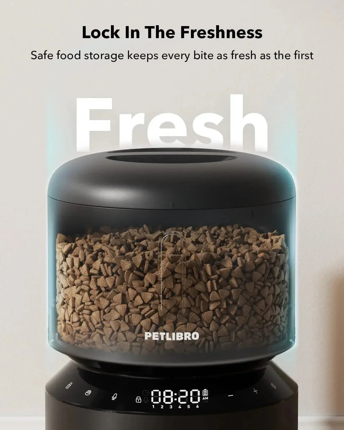 Black PETLIBRO pet feeder showing hopper filled with kibble