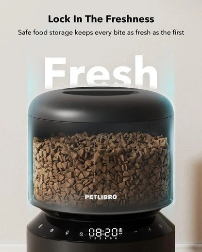 Black PETLIBRO pet feeder showing hopper filled with kibble