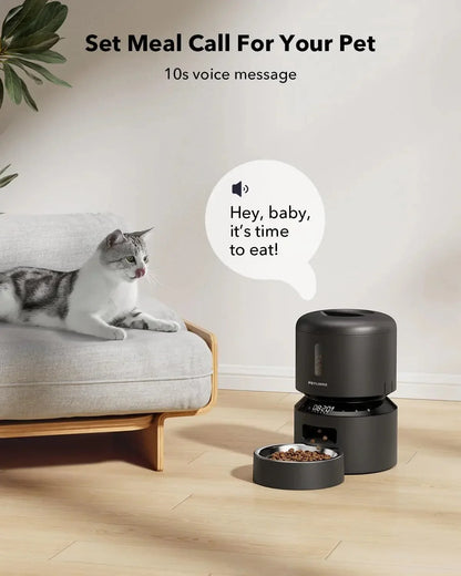 Black automatic pet feeder with covered bowl and voice-call message icon