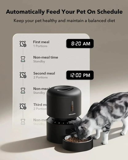 Black automatic pet feeder with feeding schedule screen and open bowl
