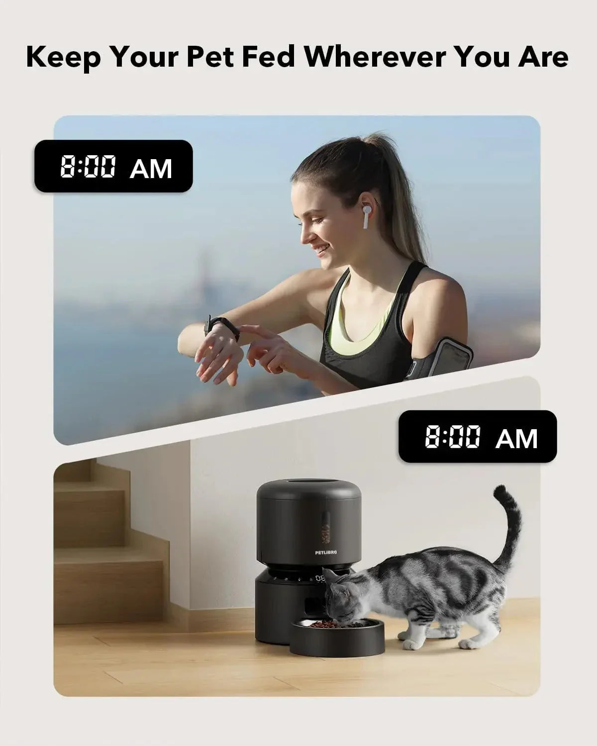 Black automatic pet feeder with remote scheduling labels and feeding bowl