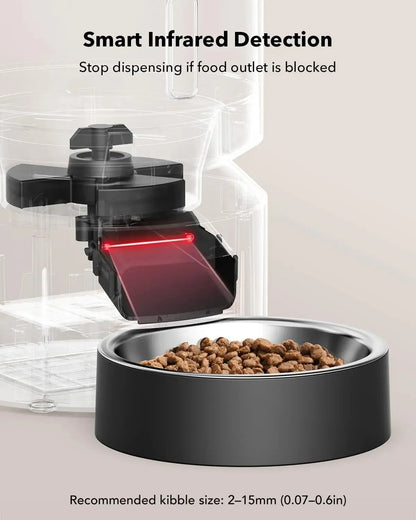 Black automatic pet feeder with infrared sensor light at dispensing chute
