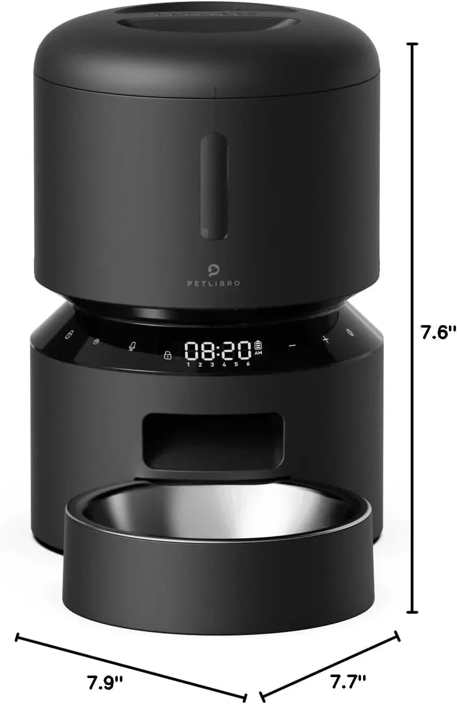 Black automatic pet feeder dimensions view with base and large feeding bowl
