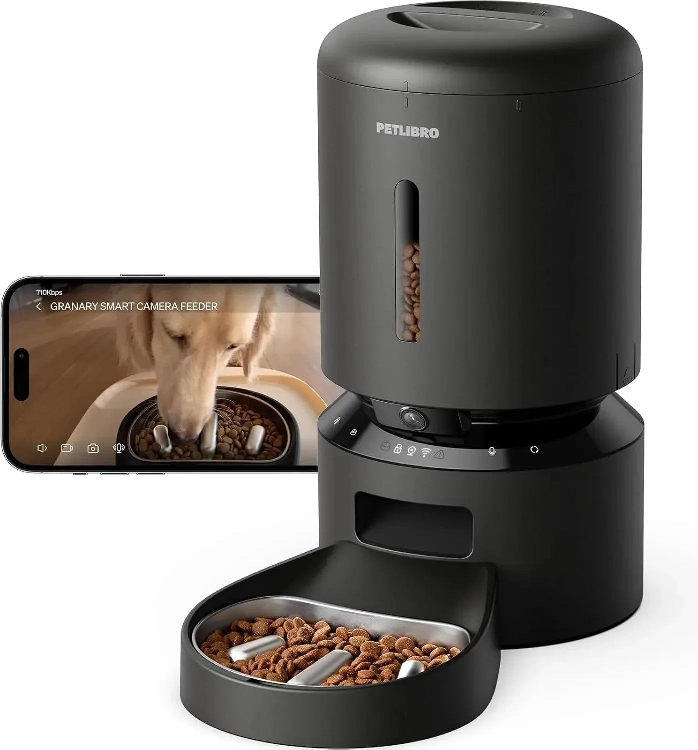 Black automatic pet feeder with camera feed on phone screen and open tray