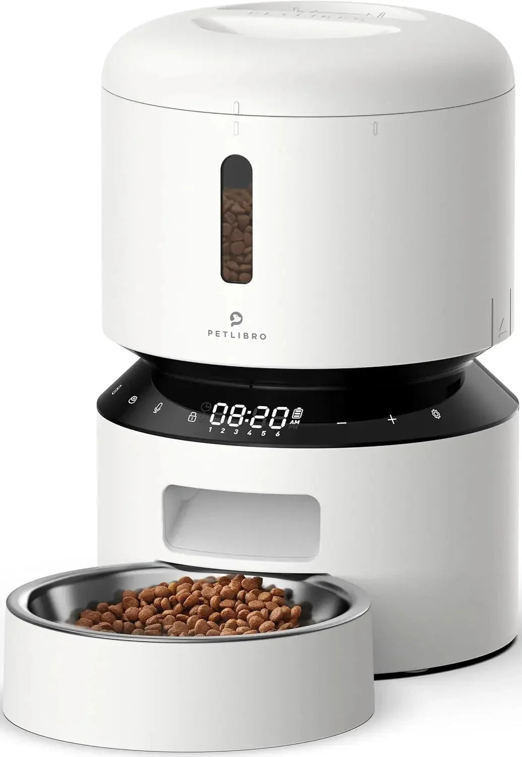 White automatic pet feeder with LED panel and open food tray