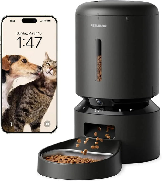 Black automatic pet feeder with hopper window and open feeding tray