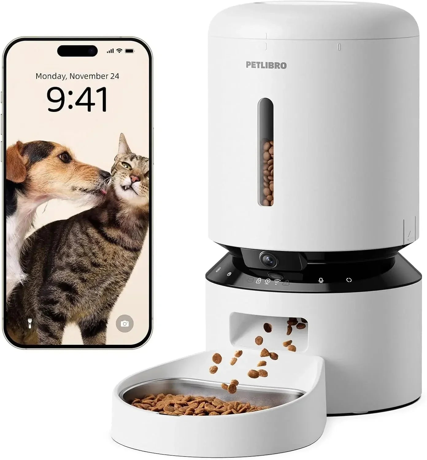 White automatic pet feeder with camera window, app phone display, and feeding bowl