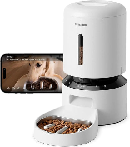 White automatic pet feeder with camera window and open hopper with kibble