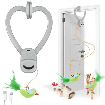 Gray heart-shaped interactive cat toy with feather bird lure and elastic rope