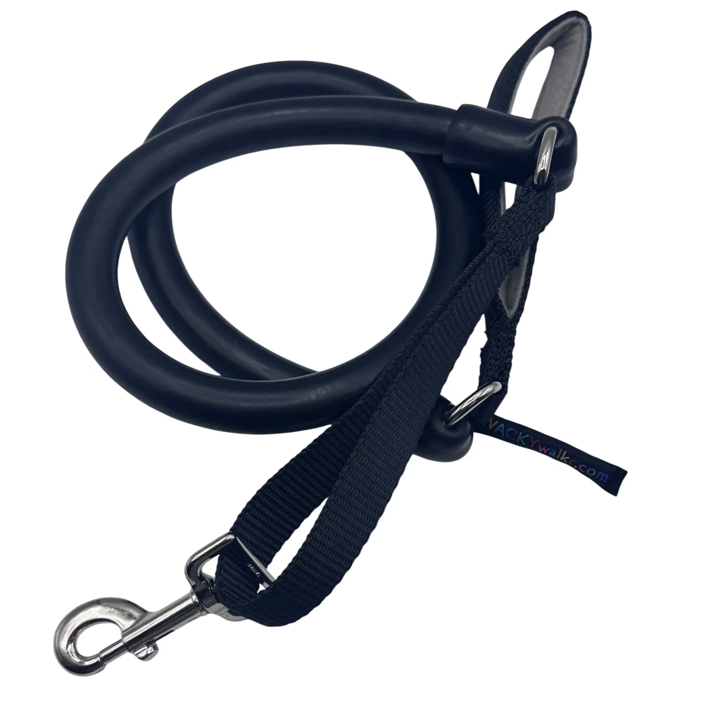 Dark blue no-pull dog leash with black webbing and metal clasp rings.