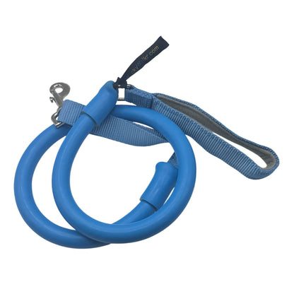 No-pull dog leash close-up with blue bungee cord and nylon handle