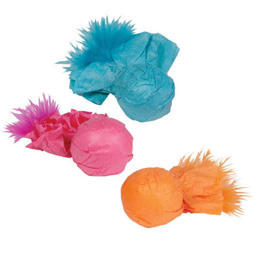 3 paper ball rattlers with feather, teal, pink, and orange
