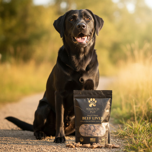 Freeze-dried beef liver dog treats bag with dark dog sitting beside it
