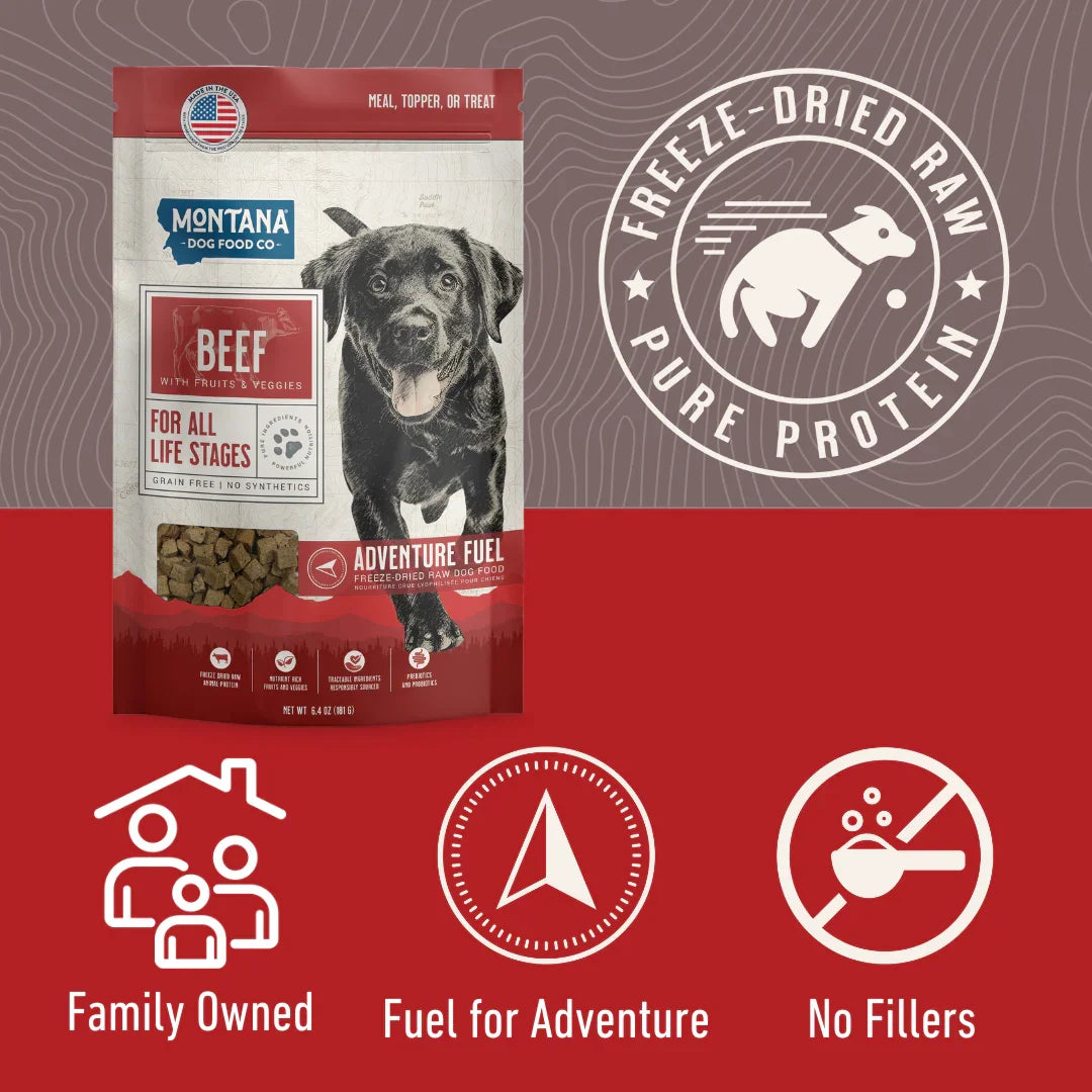 Freeze-dried raw dog food bag shown front view with beef for all life stages.
