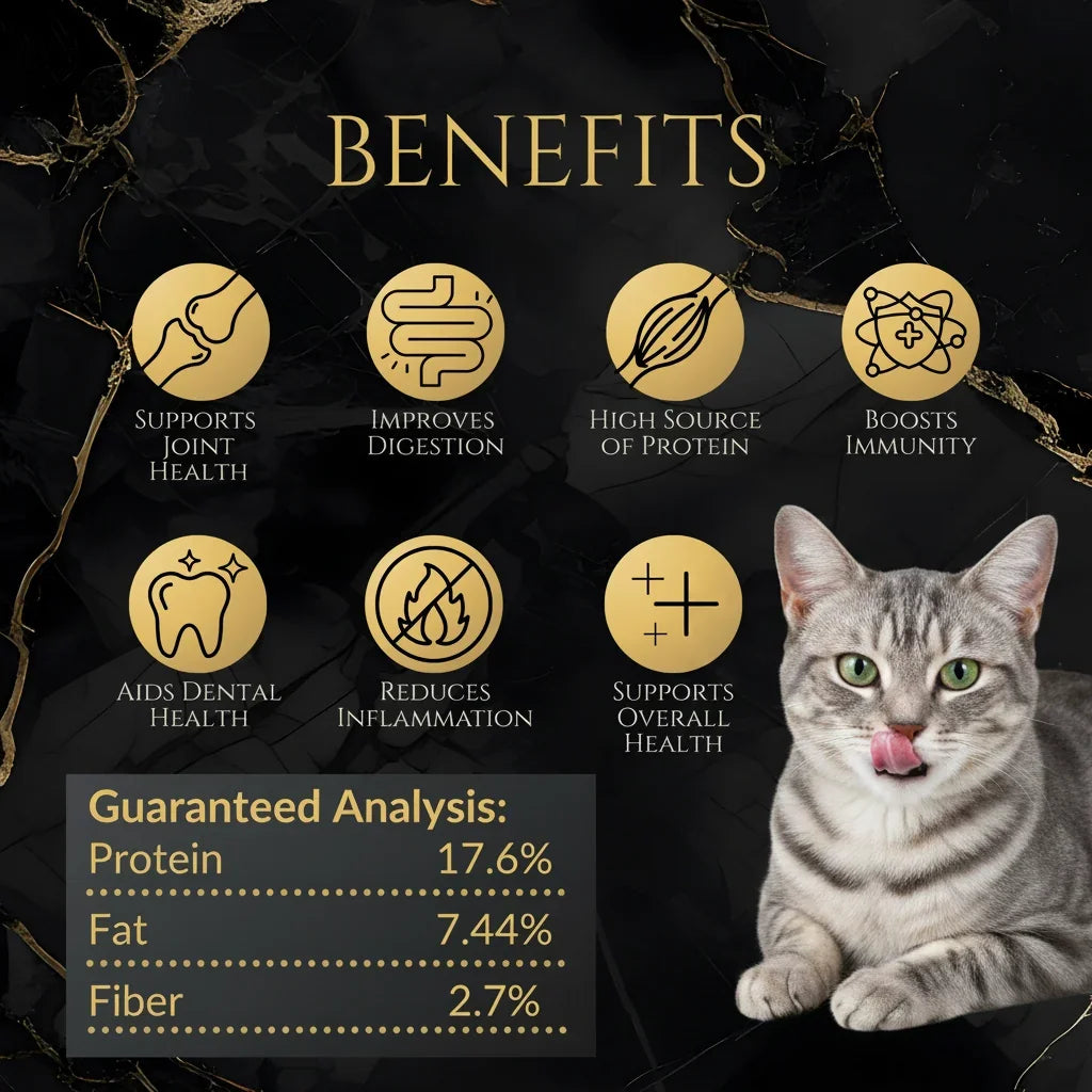 Freeze-dried chicken crisps benefits panel with protein 17.6%, fat 7.44%, fiber 2.7%