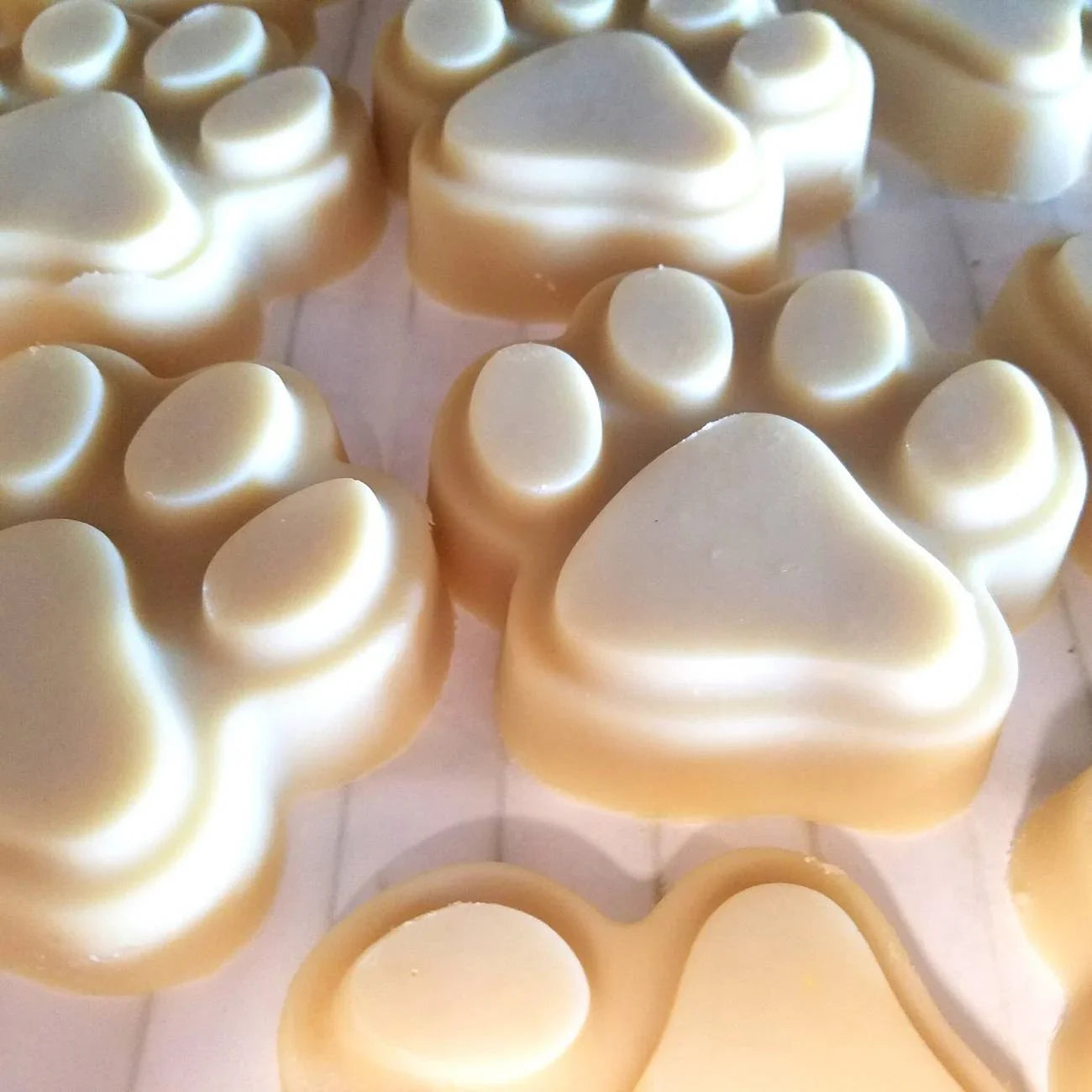 Assorted paw-shaped goat milk soap bars in tray