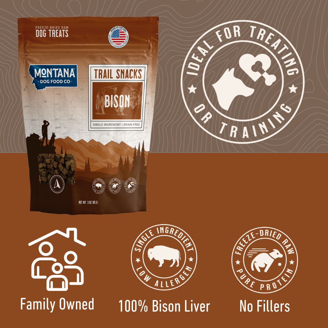 Montana Dog Food Co. freeze-dried raw bison treats, single ingredient, grain-free, ideal for training or treating dogs