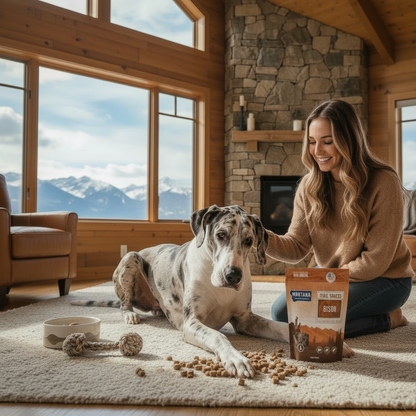 Freeze-dried raw dog treats bag with Ideal for training and 100% bison liver badges