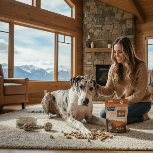 Freeze-dried raw dog treats bag with Ideal for training and 100% bison liver badges