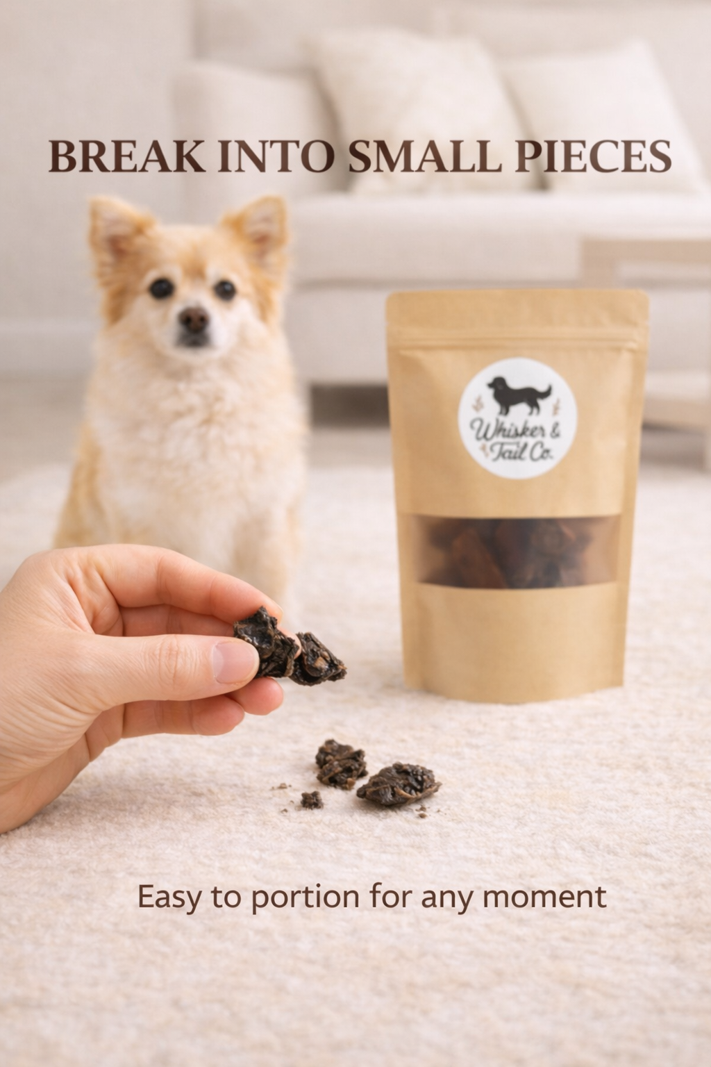 Hand holding broken dehydrated pork liver treat near stand-up pouch