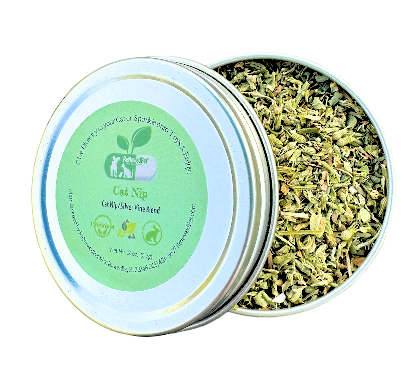 Catnip and silver vine mix metal tin with open lid and pile of dried leaves