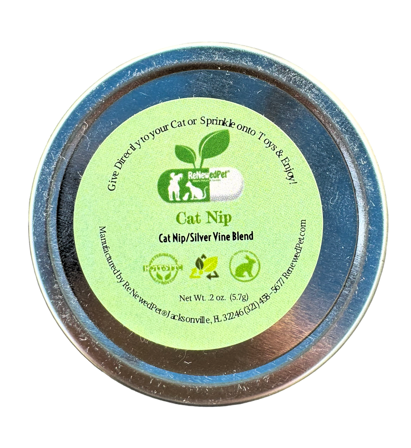 Catnip and silver vine mix metal tin lid with green label and blue edging
