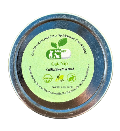 Catnip and silver vine mix metal tin lid with green label and blue edging