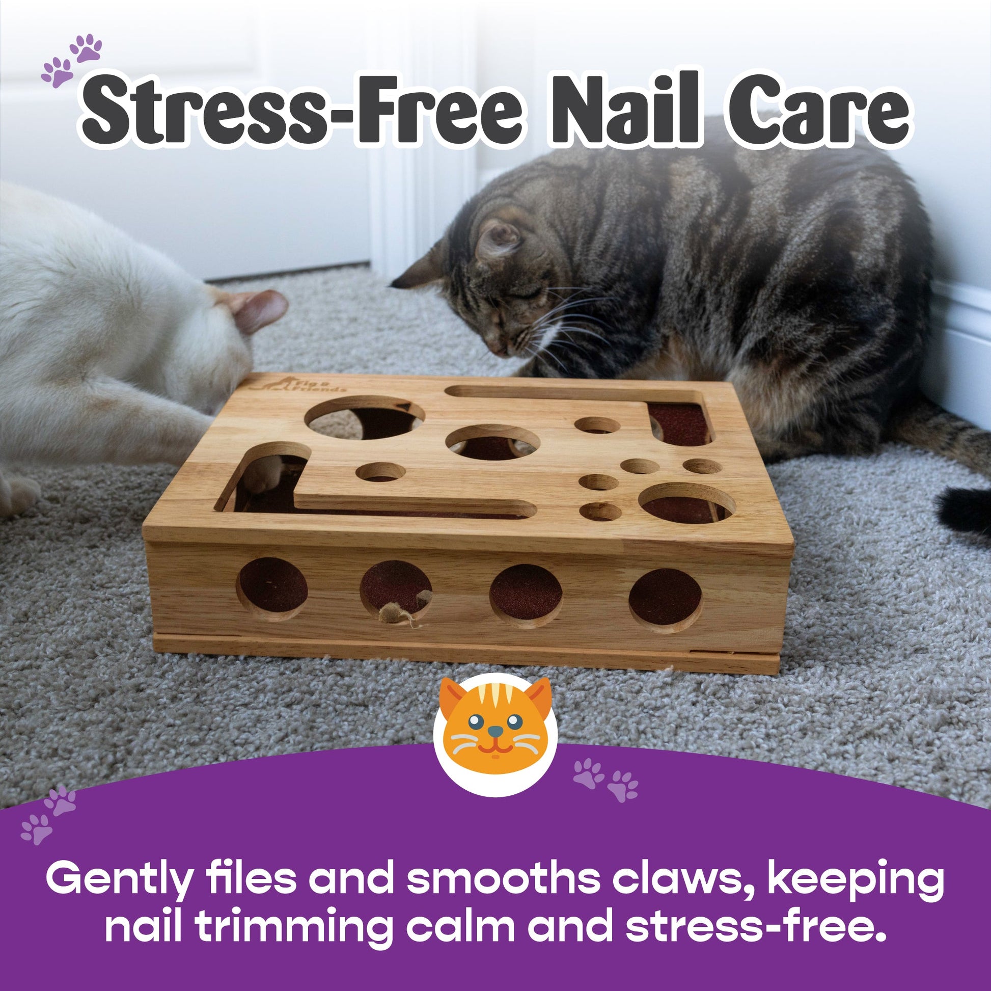 Wooden cat nail file enrichment puzzle on carpet with cat nearby