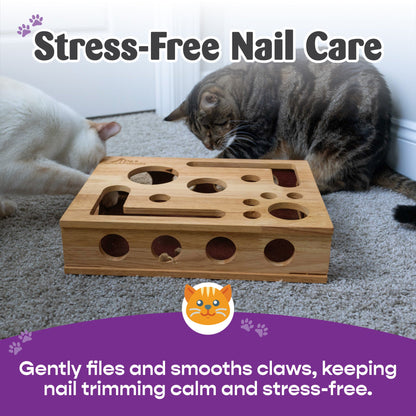 Wooden cat nail file enrichment puzzle on carpet with cat nearby
