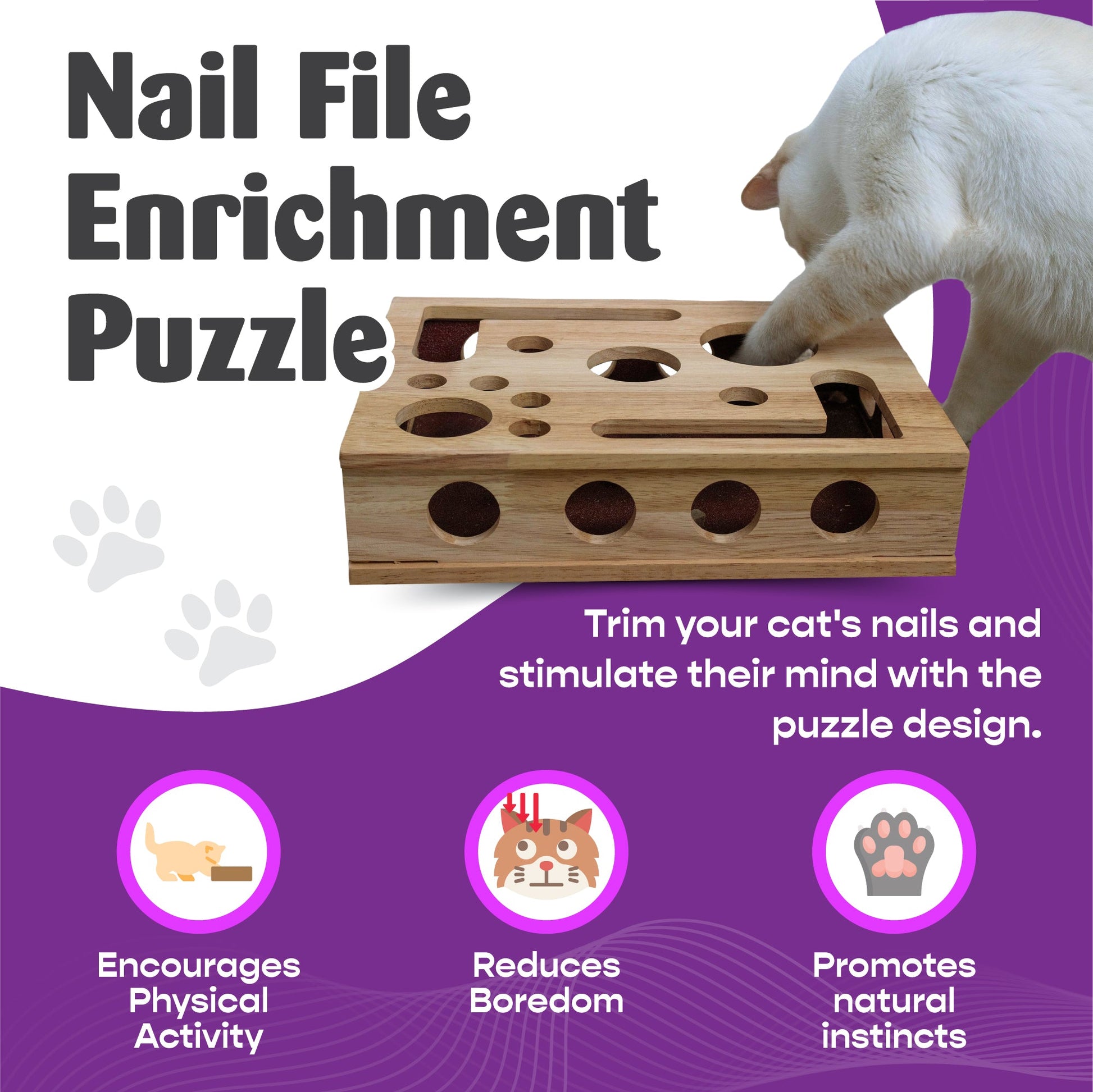 Wooden cat nail file enrichment box with paw poised over circular holes