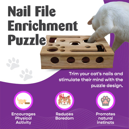 Wooden cat nail file enrichment box with paw poised over circular holes