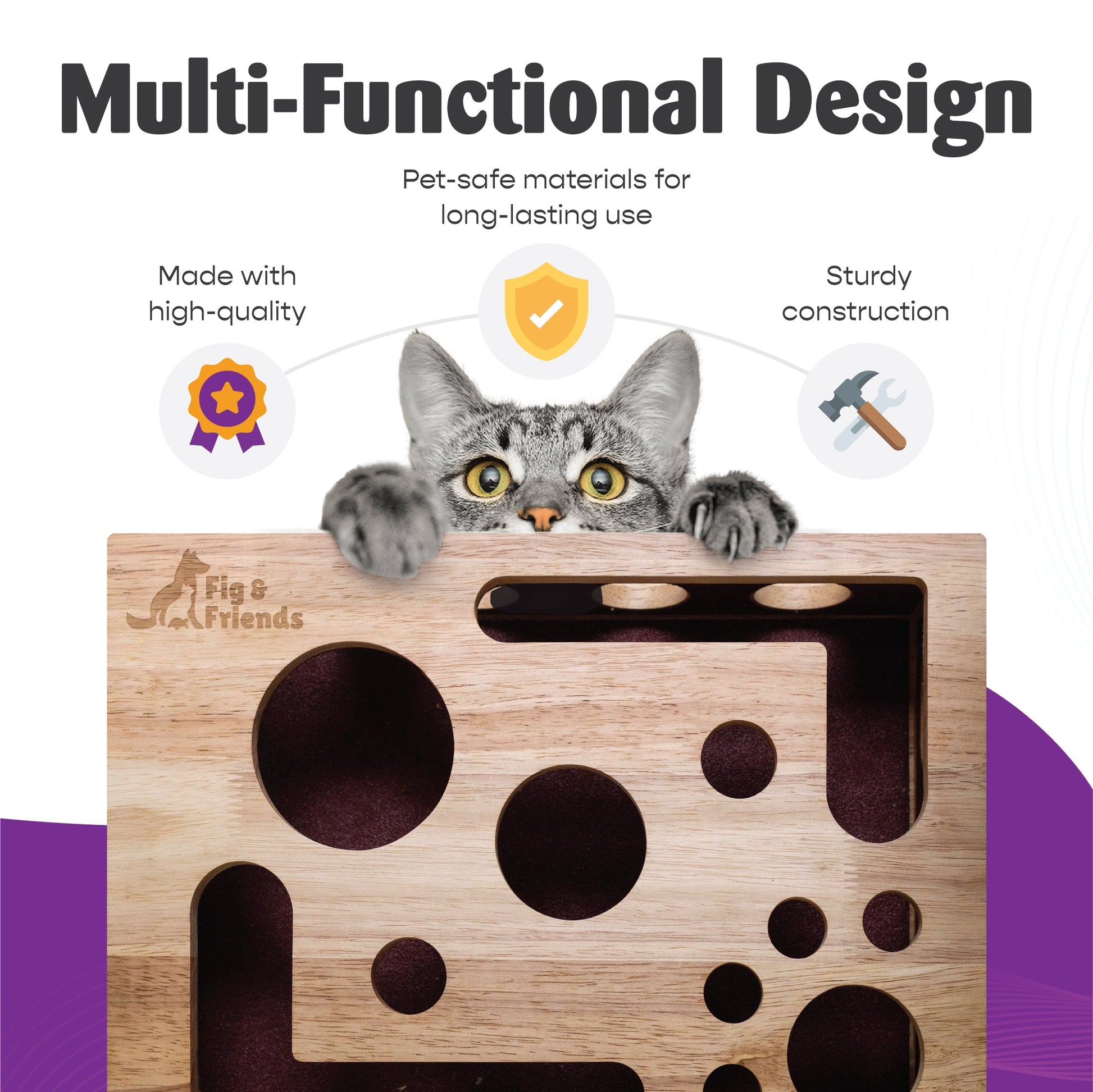 Wooden cat nail file enrichment box puzzle with rounded cutouts and top slot