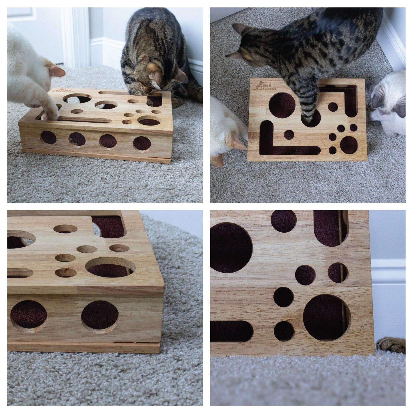 Wooden cat nail file enrichment box puzzle with cat reaching toward top