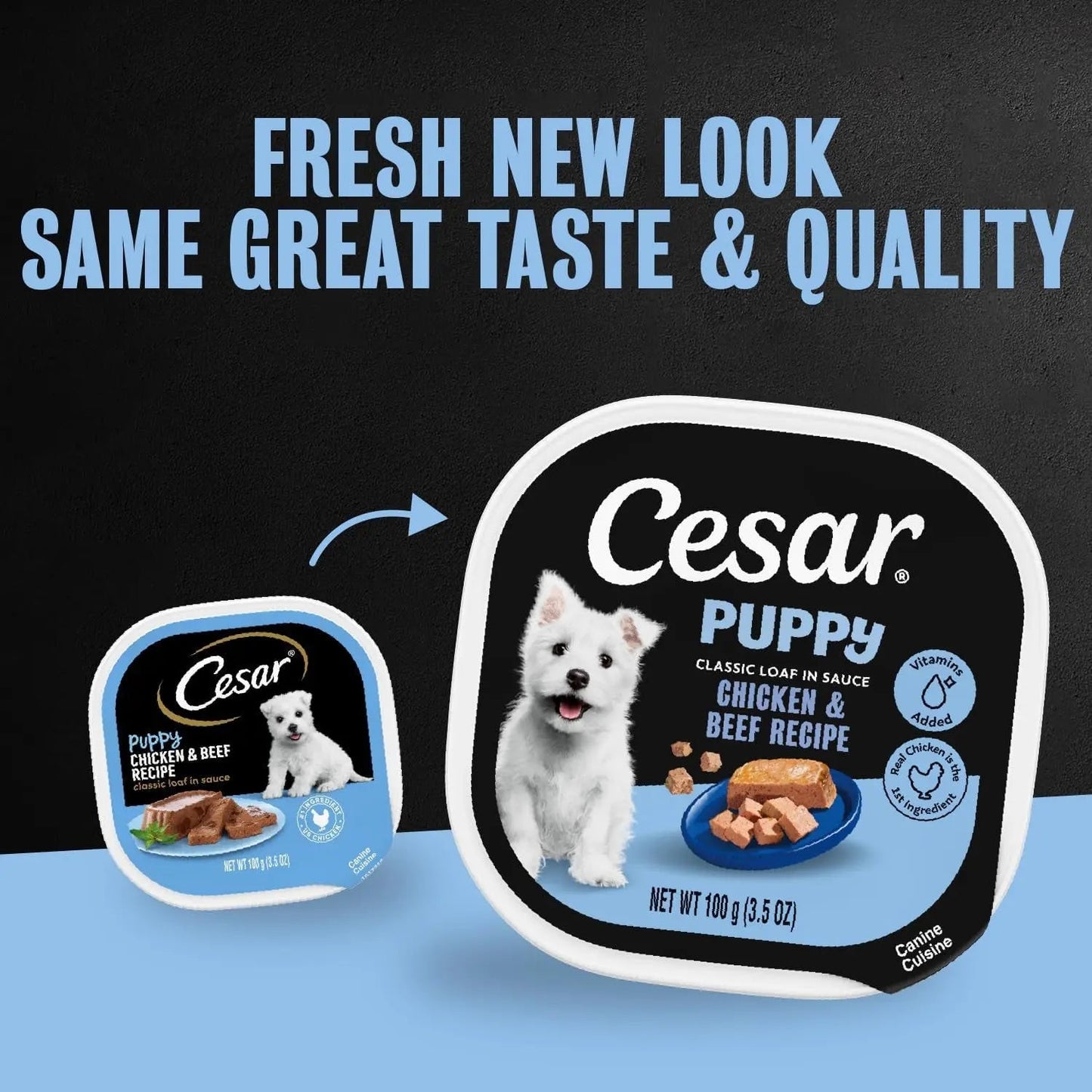 Cesar Puppy wet dog food tray pack with puppy and Chicken & Beef recipe label