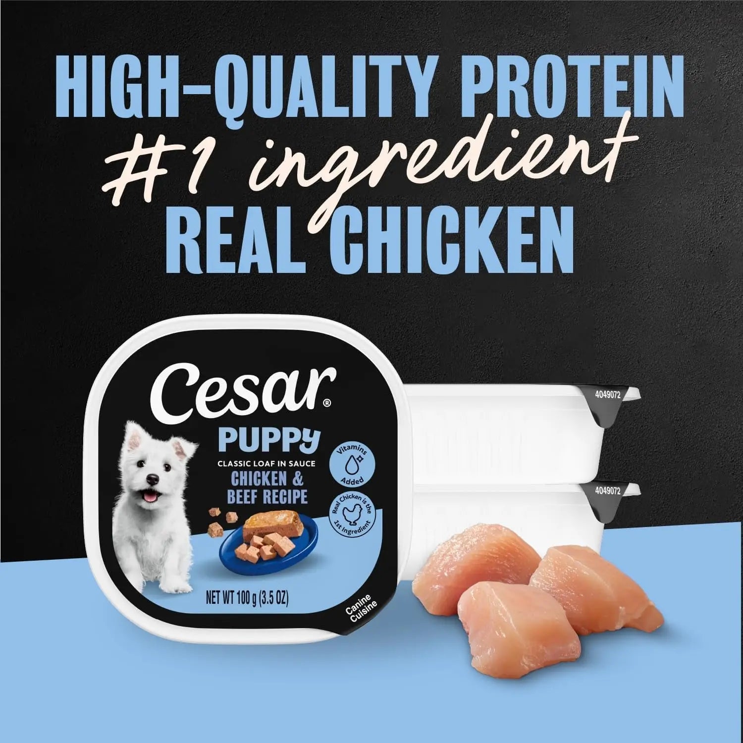 Cesar Puppy wet dog food tray pack with real chicken recipe and meat pieces