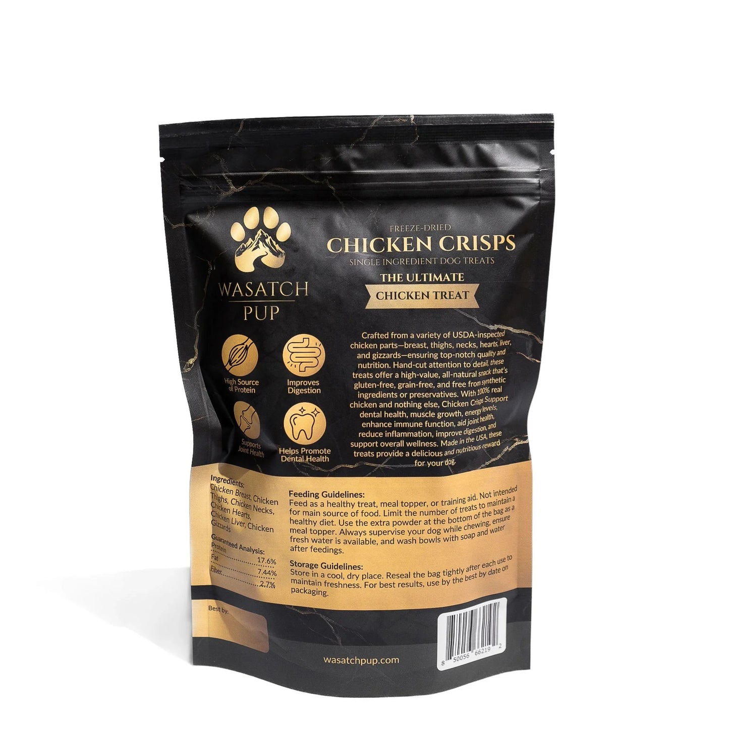 Wasatch Pup freeze-dried chicken crisps pouch with ingredient and feeding information