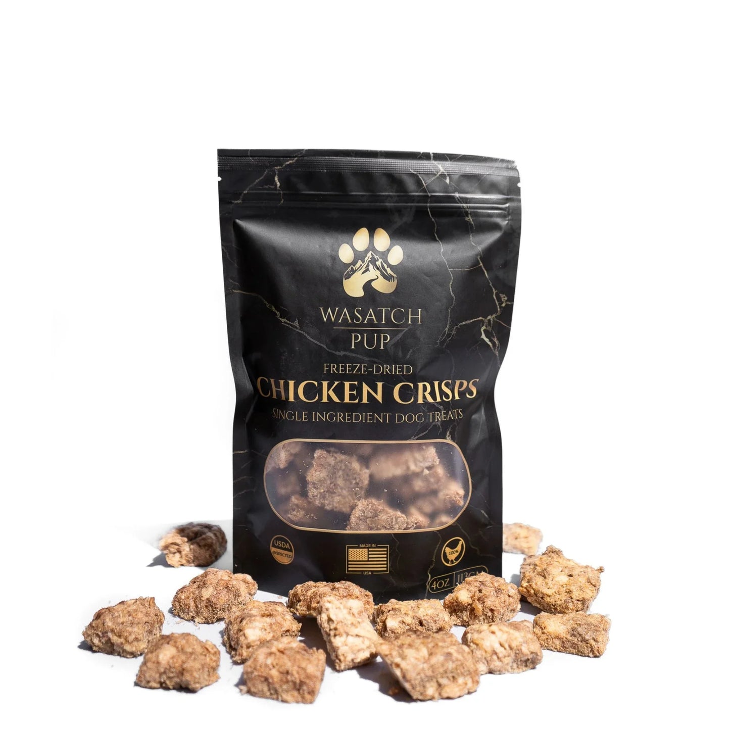 Freeze-dried chicken crisps dog treats: black Wasatch Pup pouch with snack pieces