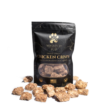 Freeze-dried chicken crisps dog treats: black Wasatch Pup pouch with snack pieces